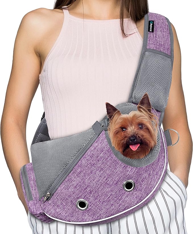 PetAmi Dog Sling Carrier for Small Dogs, Puppy Carrier Sling Purse, Dog Bags For Traveling, Carrying Bag to Wear Medium Cat, Adjustable Crossbody Pet Sling Travel Poop Bag Dispenser, Max 5 lbs, Purple