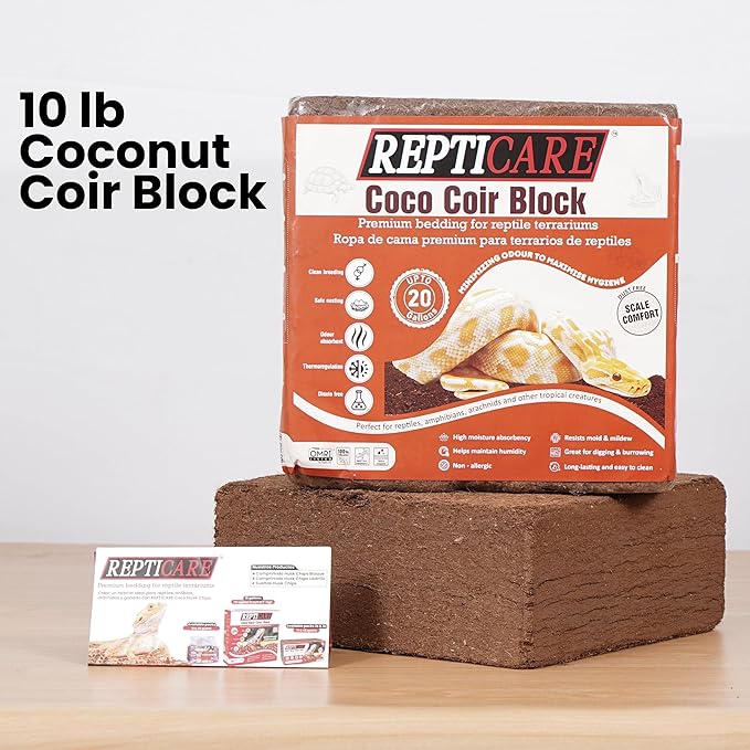 ReptiCare Organic Coconut Coir Compressed 10lb Block - Expands to 80 Quarts, Ideal Coconut Fiber Bedding for Ball Pythons, Bearded Dragons, Lizards, Tortoises, Hermit Crabs, and Bioactive Terrariums