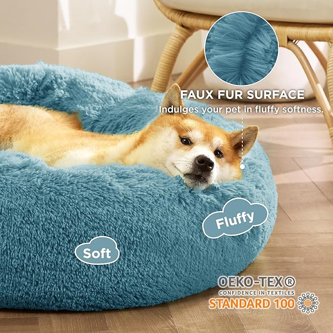 Bedsure Calming Dog Bed for Medium Dogs - Donut Washable Medium Pet Bed, 30 inches Anti-Slip Round Fluffy Plush Faux Fur Cat Bed, Fits up to 45 lbs Pets, Washed Blue