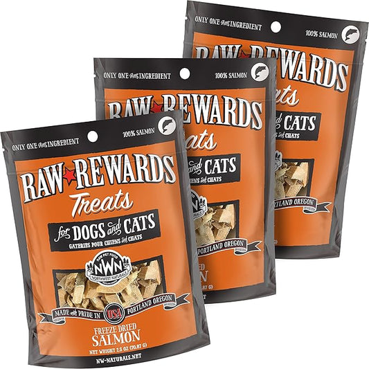 Northwest Naturals Raw Rewards Freeze-Dried Salmon Treats for Dogs and Cats - Bite-Sized Pieces - Healthy, 1 Ingredient, Human Grade Pet Food, All Natural - 2.5 Oz (Pack of 3) (Packaging May Vary)