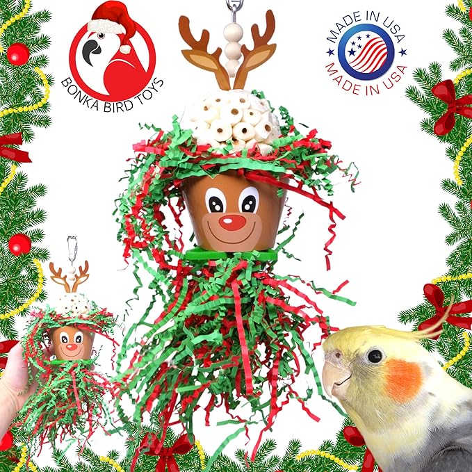 Bonka Bird Toys Christmas Elf Santa Snowman Reindeer Natural Sola Chew Forage Small Medium Bird Toy Cockatiel Parakeet Conures and Other Similar Birds (2437 Reindeer)