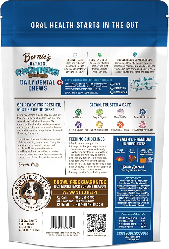 Bernie's Charming Chompers - Daily Dental Chews for Dogs 5-15 Lbs. - 22 Count - Cleans Teeth, Freshens Breath, Boosts Oral-Gut Microbiome. Easy to Digest, Supports Healthy Digestion Naturally