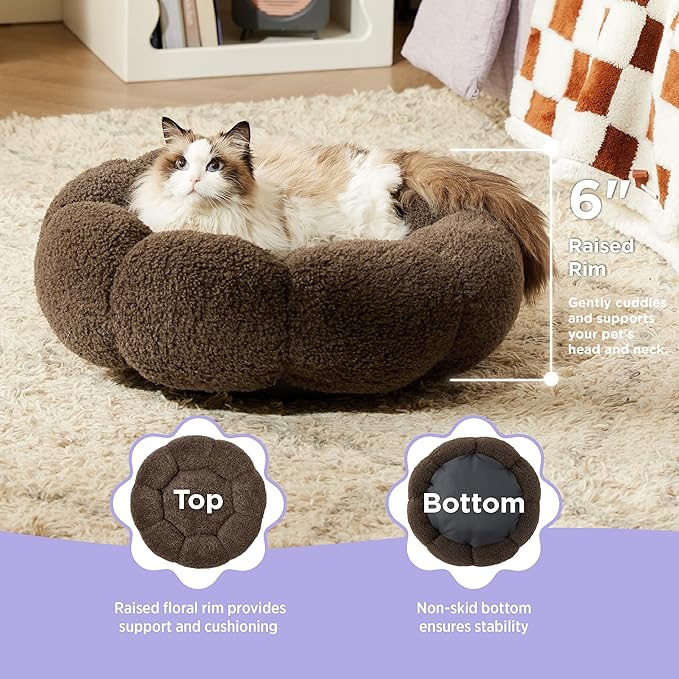 Lesure Calming Cat Beds for Indoor Cats - Cute Flower Pet Beds in Teddy Sherpa Plush, Donut Round Fluffy Puppy Bed, Non-Slip Extra Small Dog Bed Fits up to 15 lbs, Machine Washable, Espresso 20"