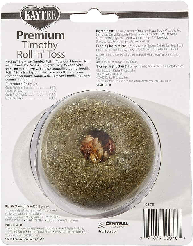 Kaytee Timothy Roll 'n' Toss Toy and Treat for Pet Rabbits, Guinea Pigs, and Chinchillas