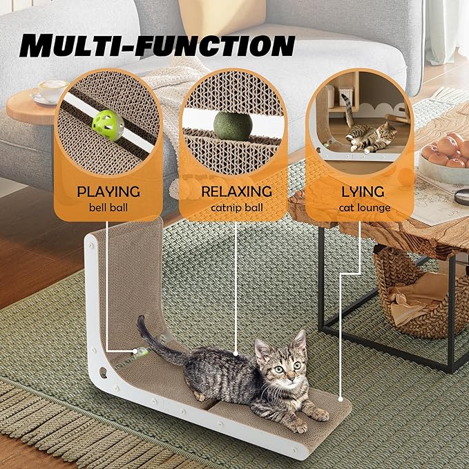 Cardboard Cat Scratcher, Vertical Cat Scratching Board, 23.6 Inch L-Shape Cat Scratch Pads with Built-in Catnip Toy Balls, Wall-Mount Cat Scratchers for Indoor Cats