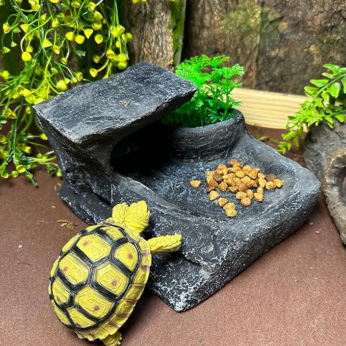 Reptile Feeding Bowl Resin Turtle Food Water Dish Tank Decor Basking Climbing Platform with Artificial Plants for Lizard Gecko Chameleon Frog Beared Dragon Spider