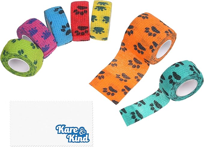 Self-Adhesive Bandage - Injury Wrap Tape for Pets - Dog, Cats, Horses - 7 Multi-Color Rolls - Muscle and Joint Support - Elastic, Does not Stick to Animal Fur or Coat