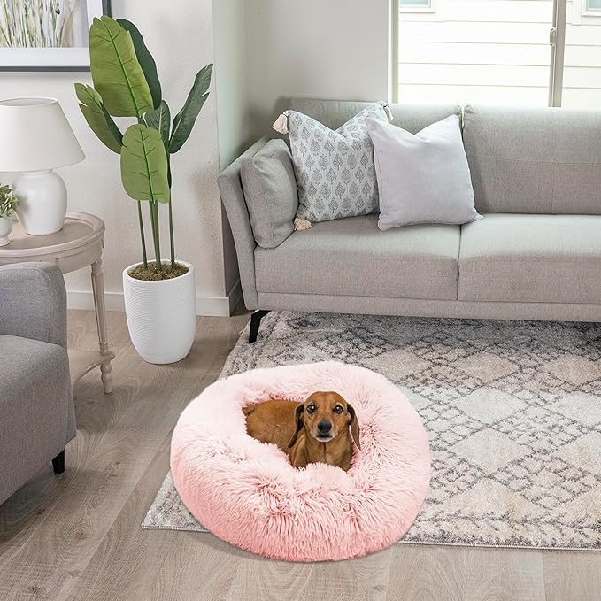 Best Friends by Sheri The Original Calming Donut Cat and Dog Bed in Shag Fur Cotton Candy Pink, Small 23"