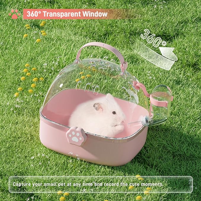 BUCATSTATE Small Animal Carrier Cage with Water Bottle, Portable Hamster Travel Carrier Carry Case 7.24" L*6.69 W *6.42" H for Small Pets, Gerbils, Mice, Dwarf Hamster (Pink)