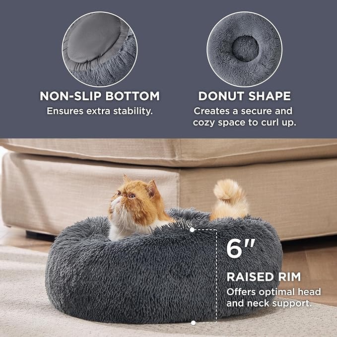 Bedsure Calming Cat Beds for Indoor Cats - Small Cat Bed Washable 20 inches, Anti-Slip Round Fluffy Plush Faux Fur Pet Bed, Fits up to 15 lbs Pets, Dark Grey