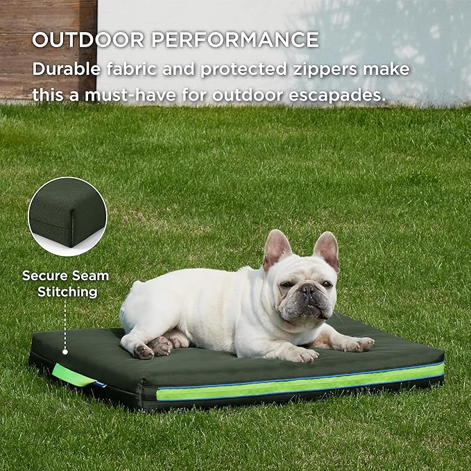 Bedsure Outdoor Waterproof Dog Bed with Heavy Duty Cover, Orthopedic Foam Supportive Dog Beds, Washable Dog Mat with Removable Cover for Large Dogs (30"x20", Moss Green)