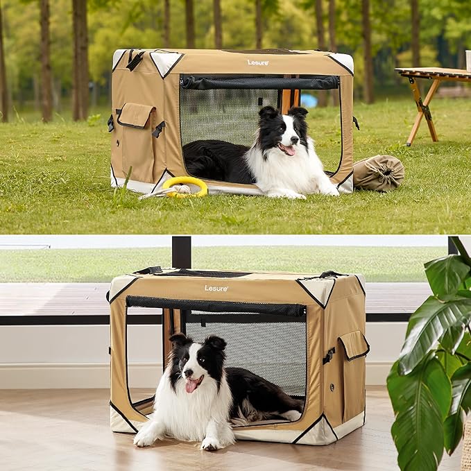 Lesure Collapsible Dog Crate - Portable Dog Travel Crate Kennel for Medium Dog, 4-Door Pet Crate with Durable Mesh Windows, Indoor & Outdoor (Yellow)