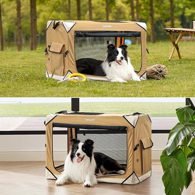 Lesure Collapsible Dog Crate - Portable Dog Travel Crate Kennel for Extra Small Dog, 4-Door Pet Crate with Durable Mesh Windows, Indoor & Outdoor (Yellow)