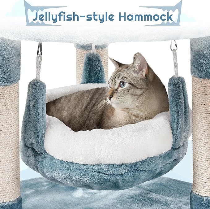 Yaheetech 45.5in Ocean-Themed Cat Tree Multi-Level Cat Tower, Plush Cat Furniture with Shark's Mouth-Shaped Nest, Sea Star-Shaped Perch, Jellyfish-Style Hammock for Indoor Cat Kitty