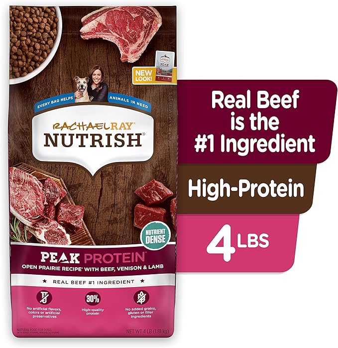 Rachael Ray Nutrish PEAK Natural Dry Dog Food with Added Vitamins, Minerals & Taurine, Open Prairie Recipe with Beef, Venison & Lamb, 4 Pounds, Grain Free (Packaging May Vary)