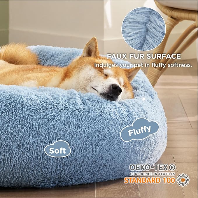 Bedsure Calming Dog Bed for Medium Dogs - Donut Washable Medium Pet Bed, Anti-Slip Round Fluffy Plush Faux Fur Cat Bed, Fits up to 45 lbs Pets, Blue, 30 inches