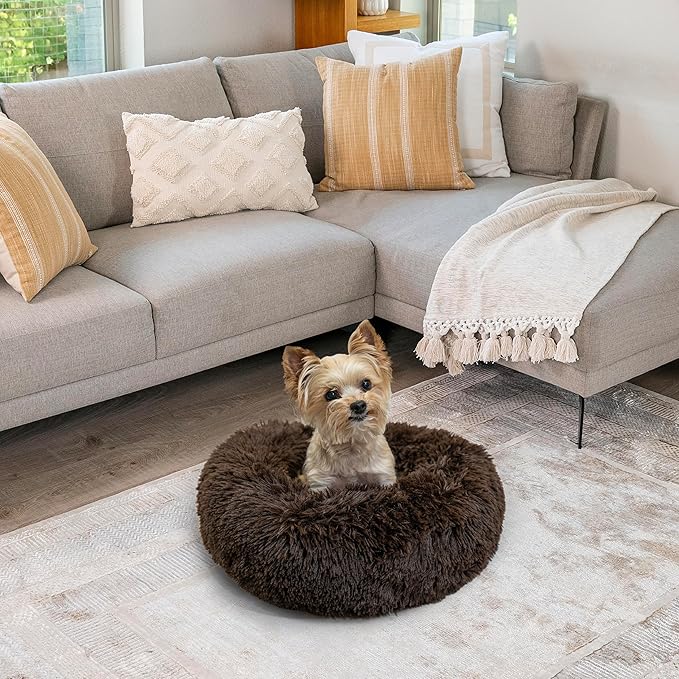 Best Friends by Sheri The Original Calming Donut Cat and Dog Bed in Shag Fur Shag Dark Brown, Extra Small 18"