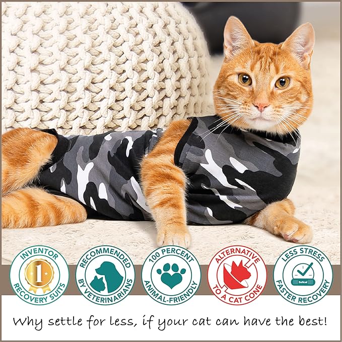 Suitical Recovery Suit for Cats | Spay and Neutering Cat Surgery Recovery Suit for Male or Female | Soft Fabric for Skin Conditions | S | Neck to Tail 16.9” - 20.1" | Black Camouflage