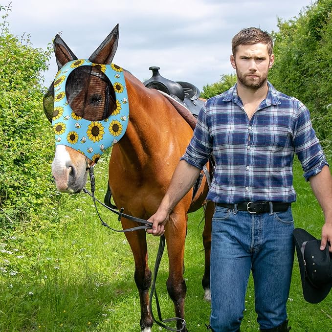 Frienda 4 Pieces Horse Fly Masks for Horses Horse Fly Mask with Ears Face Covering Elasticity Smooth and Comfortable Horse Mask with UV Protection(Medium, Flower)