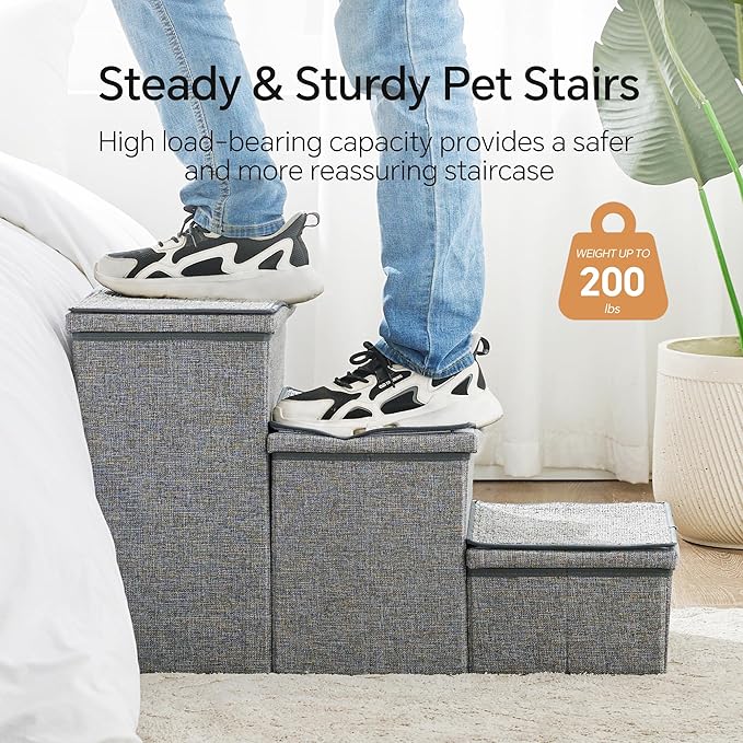 BEDELITE Dog Stairs for Small Medium or Large Dogs, 3 Tiers Dog Steps for High Bed and Couch 17" H, Foldable Pet Stairs Up to 200Lbs with Detachable Mats & Storage, Grey