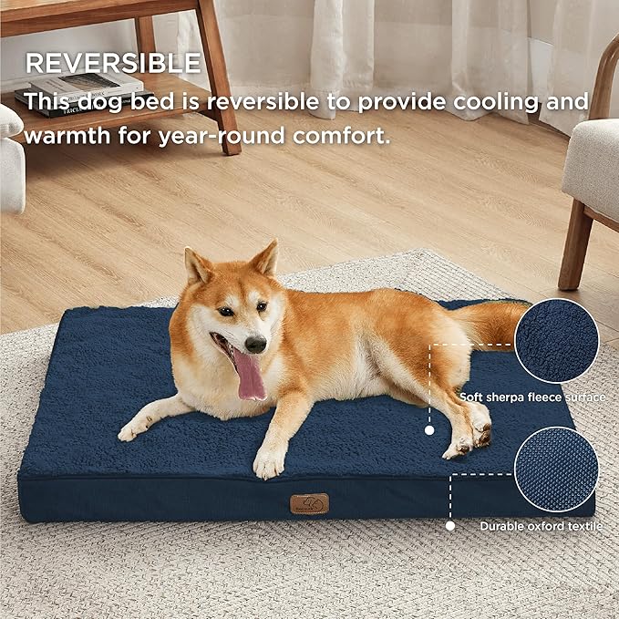 Bedsure Large Dog Bed for Large Dogs - Big Orthopedic Waterproof Dog Beds with Removable Washable Cover, Egg Crate Foam Pet Bed Mat, Suitable for Dogs Up to 65 lbs, Navy