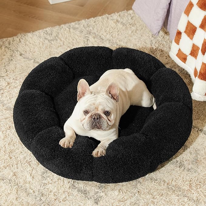 Lesure Calming Medium Dog Bed - Flower Donut Round Fluffy Puppy Bed in Plush Teddy Sherpa, Non-Slip Cute Flower Cat Beds for Indoor Cats, Medium Pet Bed Fits up to 45 lbs, Machine Washable, Black 30"