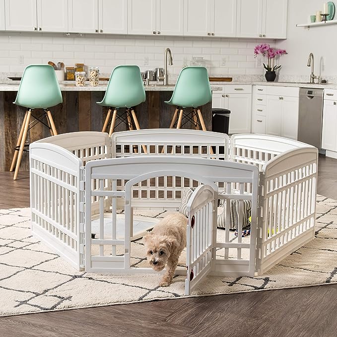 IRIS USA Dog Playpen, 6-Panel 24" Pet Playpen with Door, Puppy Playpen, Indoor/Outdoor Dog Pen, 60 x 60 x 24,Foldable, Customizable, White