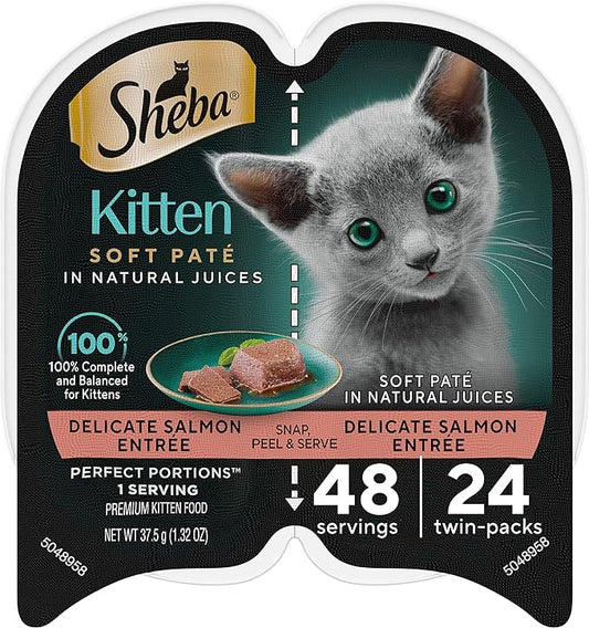 Sheba Wet Food PERFECT PORTIONS Kitten Paté Wet Cat Food Trays (24 Count, 48 Servings), Delicate Salmon Entrée, Easy Peel Twin-Pack Trays , 1.32 Ounce (Pack of 1)