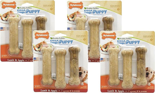 Nylabone 12-Count Healthy Edibles Lamb and Apple Flavored Puppy Dog Treat Bones, Size Regular - (4 Packs with 3 per Pack)
