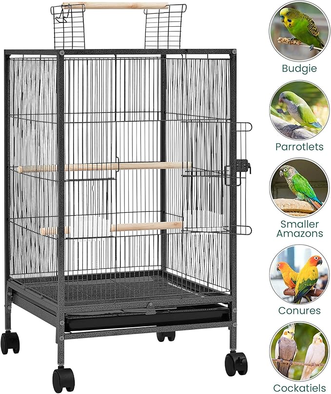 Yaheetech 35 inch Wrought Iron Bird Cage w/Play Open Top and Rolling Stand for Small Birds Like Parrots Conure Lovebird Cockatiel Lovebirds Budgies