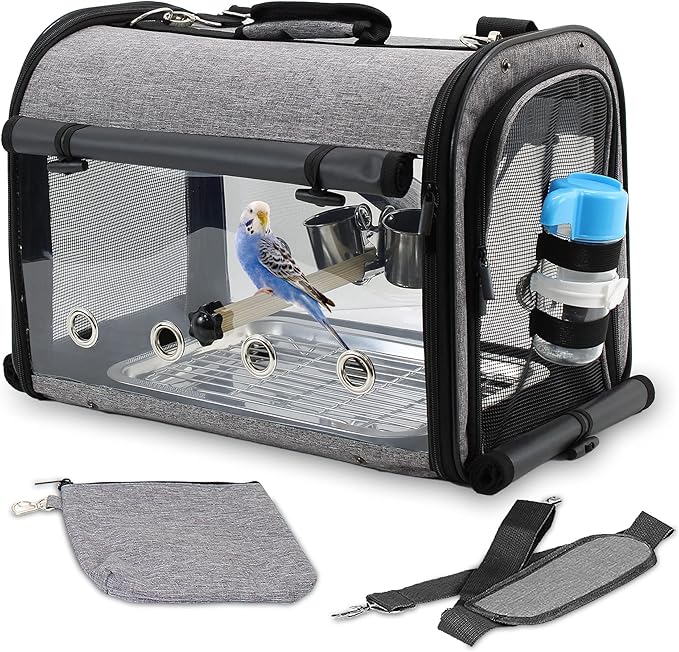 Bird Travel Carrier Portable Cage Premium Small Pet Bag Carrier for Parakeets, Lovebirds, Finch, and Canaries - Airlines Airplane Plane Approved (Grey)