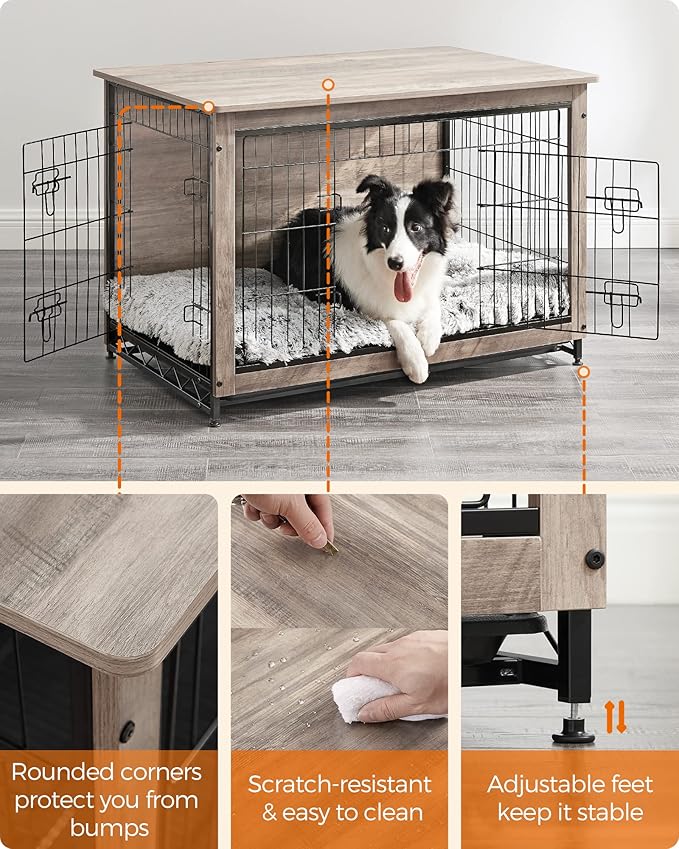 Feandrea Dog Crate Furniture, Side End Table, Modern Kennel for Dogs Indoor up to 70 lb, Heavy-Duty Dog Cage with Multi-Purpose Removable Tray, Double-Door Dog House, Greige UPFC003G01