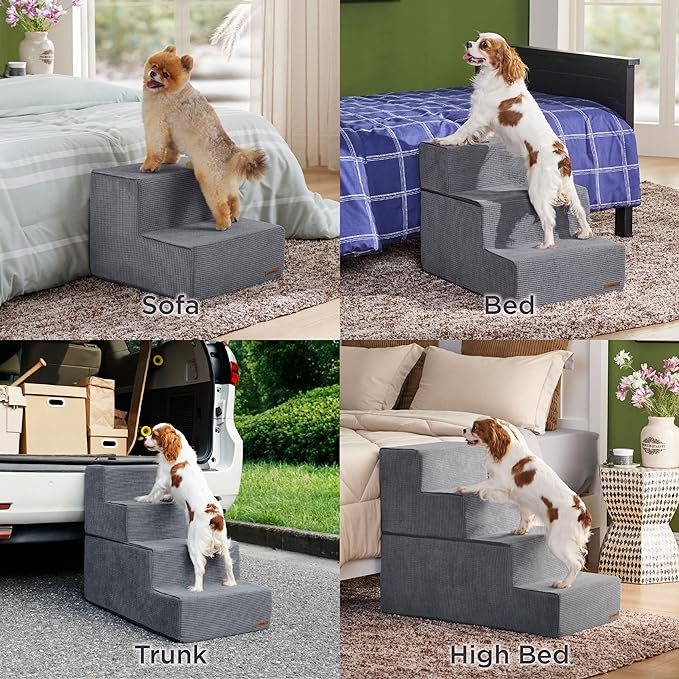 Lesure Dog Stairs for High Beds, Extra Wide Pet Stairs, 4-Steps Dog Steps for Medium/Small Dogs and Old Cats, Foldable Dog Steps with CertiPUR-US Certified Foam and Non-Slip Bottom, Grey