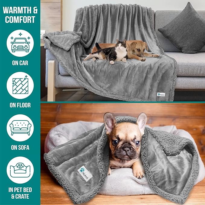 PetAmi WATERPROOF Dog Blanket for Bed, XL Dog Pet Blanket Couch Cover Protector, Sherpa Fleece Leakproof Blanket for Crate Kennel Sofa Furniture Queen Bed Protection Reversible Soft 90x90 Light Grey