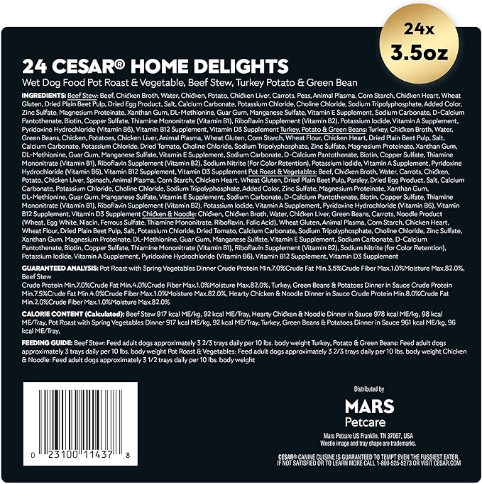 CESAR HOME DELIGHTS Adult Wet Dog Food Pot Roast & Vegetable, Beef Stew, Turkey Potato & Green Bean, and Hearth Chicken & Noodle Variety Pack, 3.5 oz. Easy Peel Trays, Pack of 24