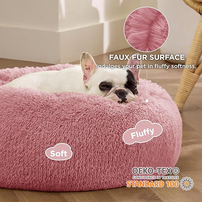 Bedsure Calming Dog Bed for Small Dogs - Donut Washable Small Pet Bed, 23 inches Anti-Slip Round Fluffy Plush Faux Fur Large Cat Bed, Fits up to 25 lbs Pets, Mauve Blush