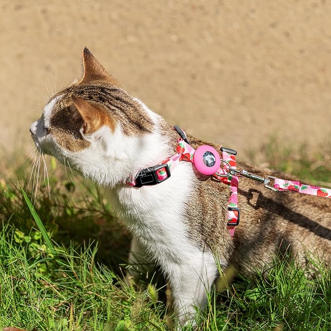 Cat Harness and Leash Escape Proof for Walking Travel Outdoor - Cute Strawberry Nylon Adjustable Cute Cat Harness Leash Set with Airtag Holder for Small Large Cats