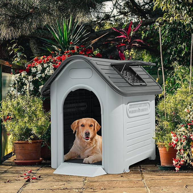 YITAHOME 39.4'' Large Dog House Outdoor Plastic Doghouse Water Resistant Pet House with Adjustable Skylight and Elevated Base for Small, Medium, and Large Dogs (39.4''L*33.5''W*37.8''H)