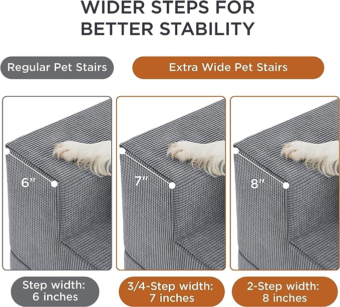 Lesure Dog Stairs for High Beds, Extra Wide Pet Stairs, 4-Steps Dog Steps for Medium/Small Dogs and Old Cats, Foldable Dog Steps with CertiPUR-US Certified Foam and Non-Slip Bottom, Grey