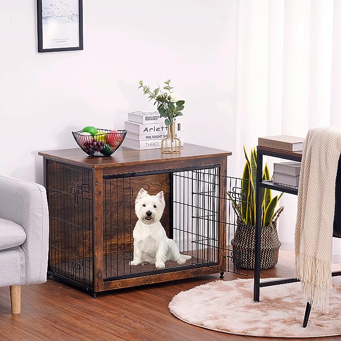 DWANTON Dog Crate Furniture with Cushion, Wooden Dog Crate with Double Doors, Dog Furniture, Dog Kennel Indoor for Small/Medium/Large Dog，End Table, Small, 27.2" L, Rustic Brown