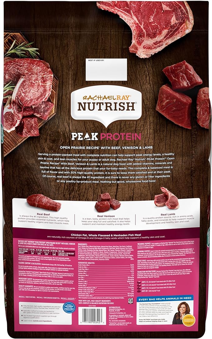 Rachael Ray Nutrish PEAK Natural Dry Dog Food with Added Vitamins, Minerals & Taurine, Open Prairie Recipe with Beef, Venison & Lamb, 23 Pounds, Grain Free (Packaging May Vary)