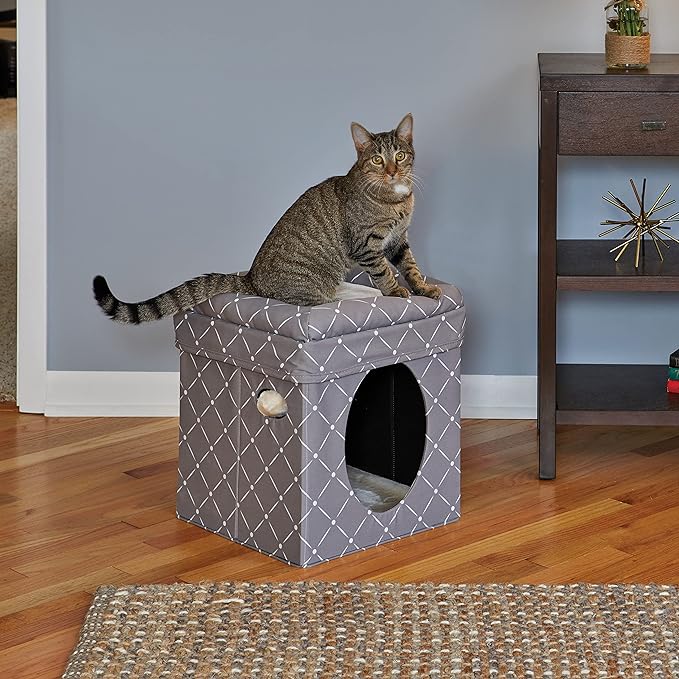 MidWest Homes for Pets Cat Cube - Cat House / Cat Condo in Fashionable Mushroom Diamond Print, 15.5L x 15.5W x 16.5H Inches