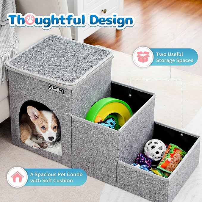 Made4Pets Cat Stairs Dog Ladder for Bed, Pet Step for Small Dogs and Cats, Dog Ramp for Couch Sofa with Toy Storage, Folding Puppy Stair Helper for High Beds, Doggie Car Ramp for Older Cats