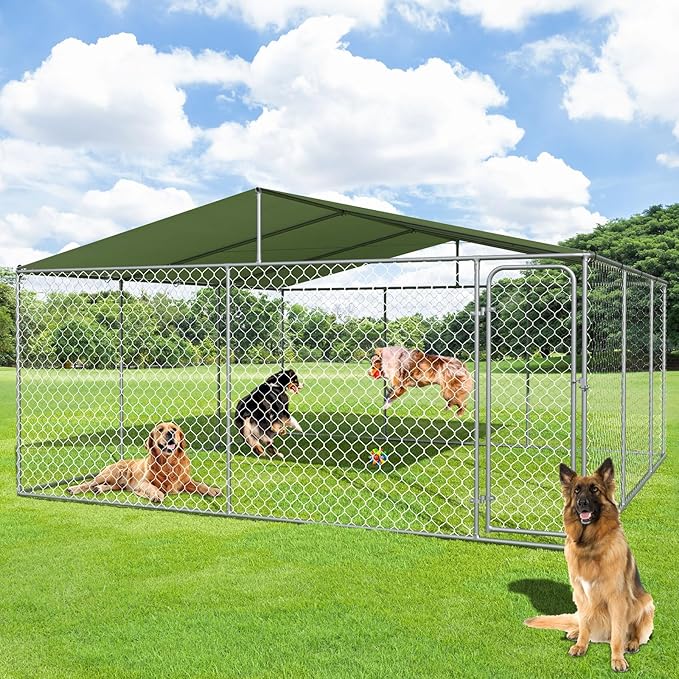 15x15 FT Extra Large Outdoor Dog Kennel, Outside Dog Kennel with Roof, Heavy Duty Dog Run Fence with Anti-UV & Waterproof Cover, Covered Dog Outdoor Kennel for Large Dogs