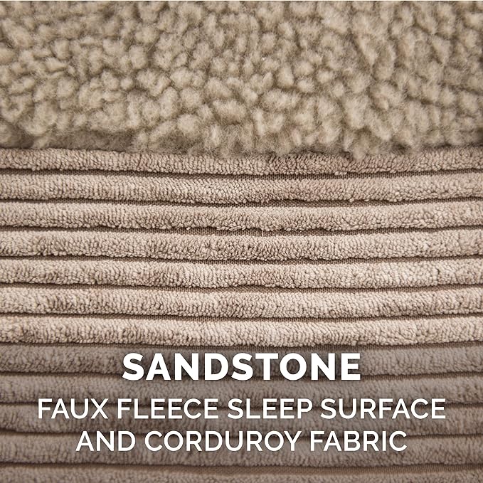 Furhaven Memory Foam Dog Bed for Large Dogs w/ Removable Bolster & Washable Cover, For Dogs UP to 125 lbs - Fleece & Corduroy Bolster Chaise - Sandstone, Jumbo Plus/XXL
