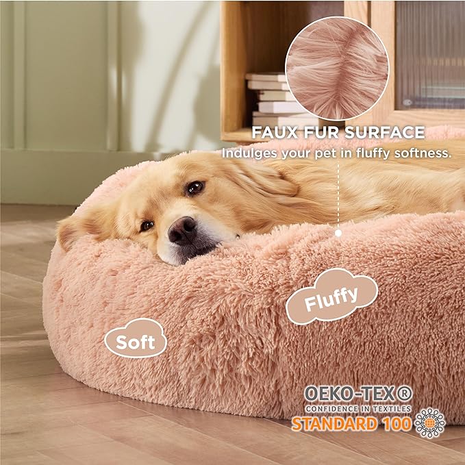 Bedsure Calming Dog Bed for Extra Large Dogs - Donut Washable Large Pet Bed, Anti-Slip Round Fluffy Plush Faux Fur Dog Bed, Fits up to 125 lbs Pets, Pink, 45 inches