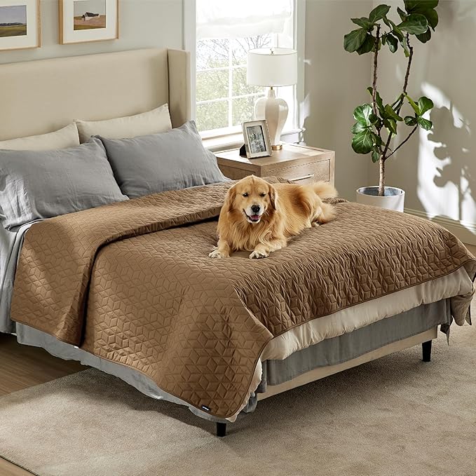 Bedsure 100% Waterproof Bed Cover for Dogs Washable - Non Slip Waterproof Dog Blanket for Bed, Lightweight Furniture Protector Durable for Pet Cat Puppy with Non-slip Bottom, Brown, 82x102IN