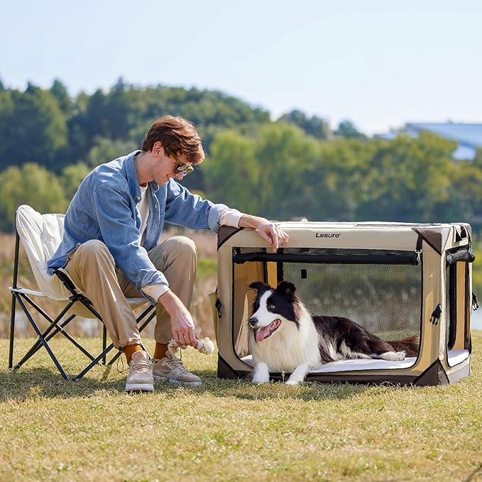 Lesure Collapsible Dog Crate - Portable Dog Travel Crate Kennel for Large Dog, 4-Door Pet Crate with Durable Mesh Windows, Indoor & Outdoor (Khaki)