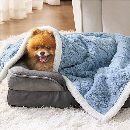 Bedsure Waterproof Dog Blankets for Small Dogs - Pet Blanket for Couch Protector Washable, Premium Jacquard Coral Fleece Cat Throw Blanket, Soft Reversible Furniture Protection, 25"x35", Light Blue