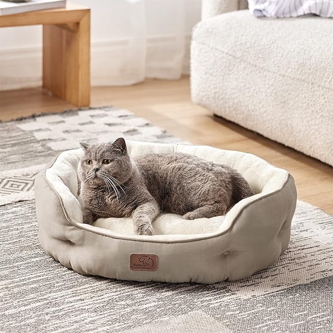 Bedsure Dog Beds for Small Dogs - Round Cat Beds for Indoor Cats, Washable Pet Bed for Puppy and Kitten with Slip-Resistant Bottom, 25 Inches, Taupe